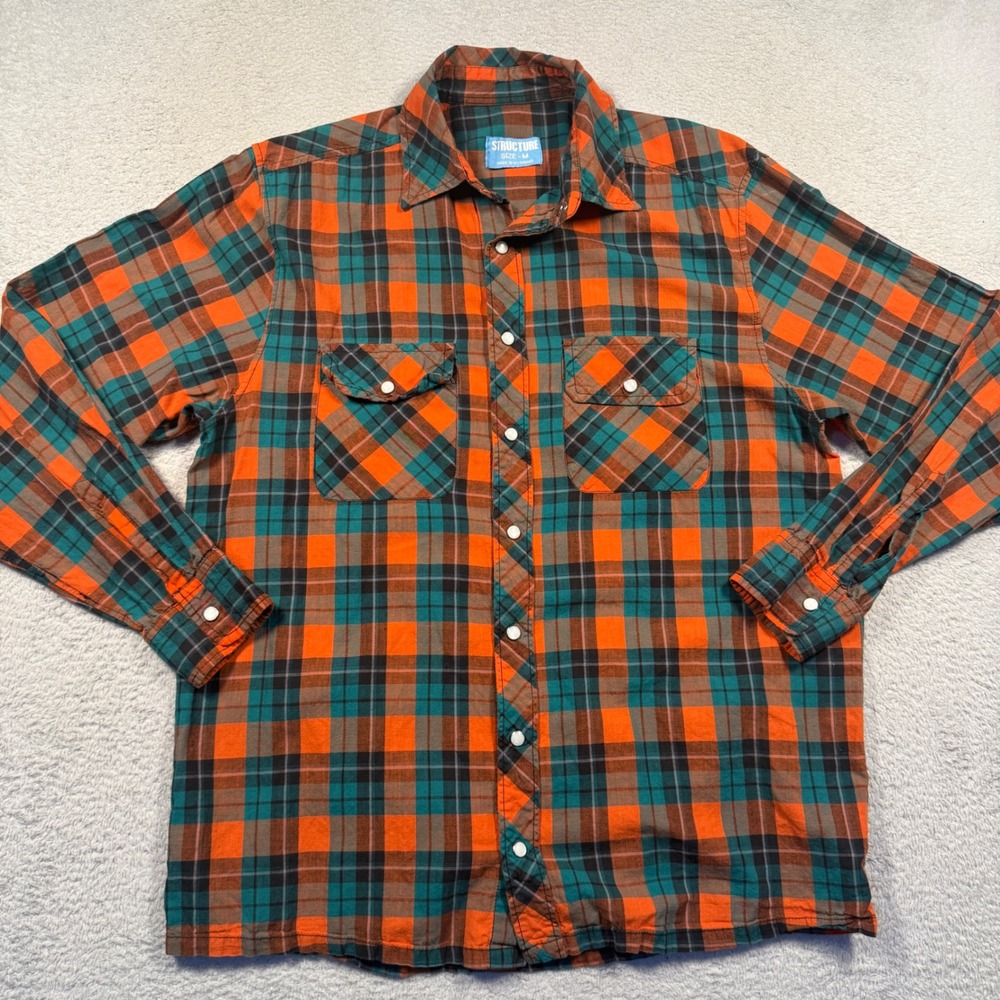 Vintage‎ 90s Structure Pearl Snap Shirt Mens Medium Orange Plaid Western Cotton